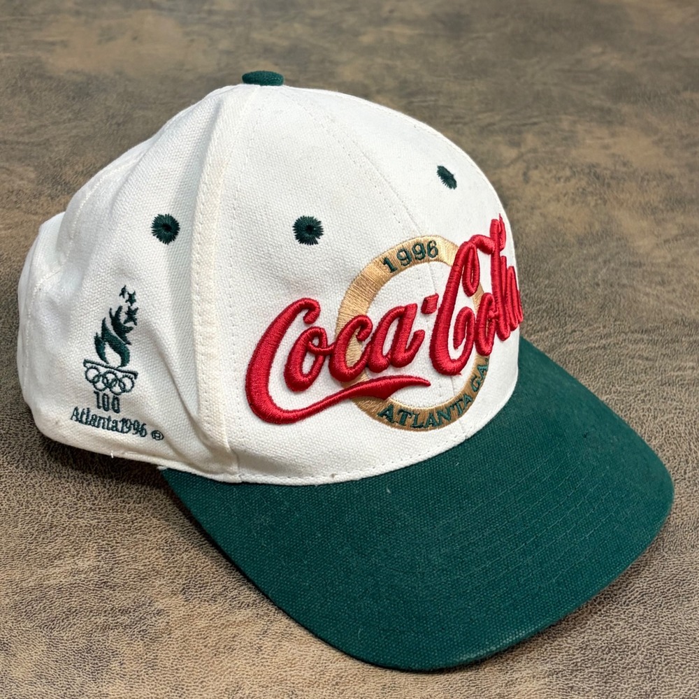 The Game Coca-Cola Hat Mens OSFA White Green Atlanta 1996 Olympics Snapback Cap